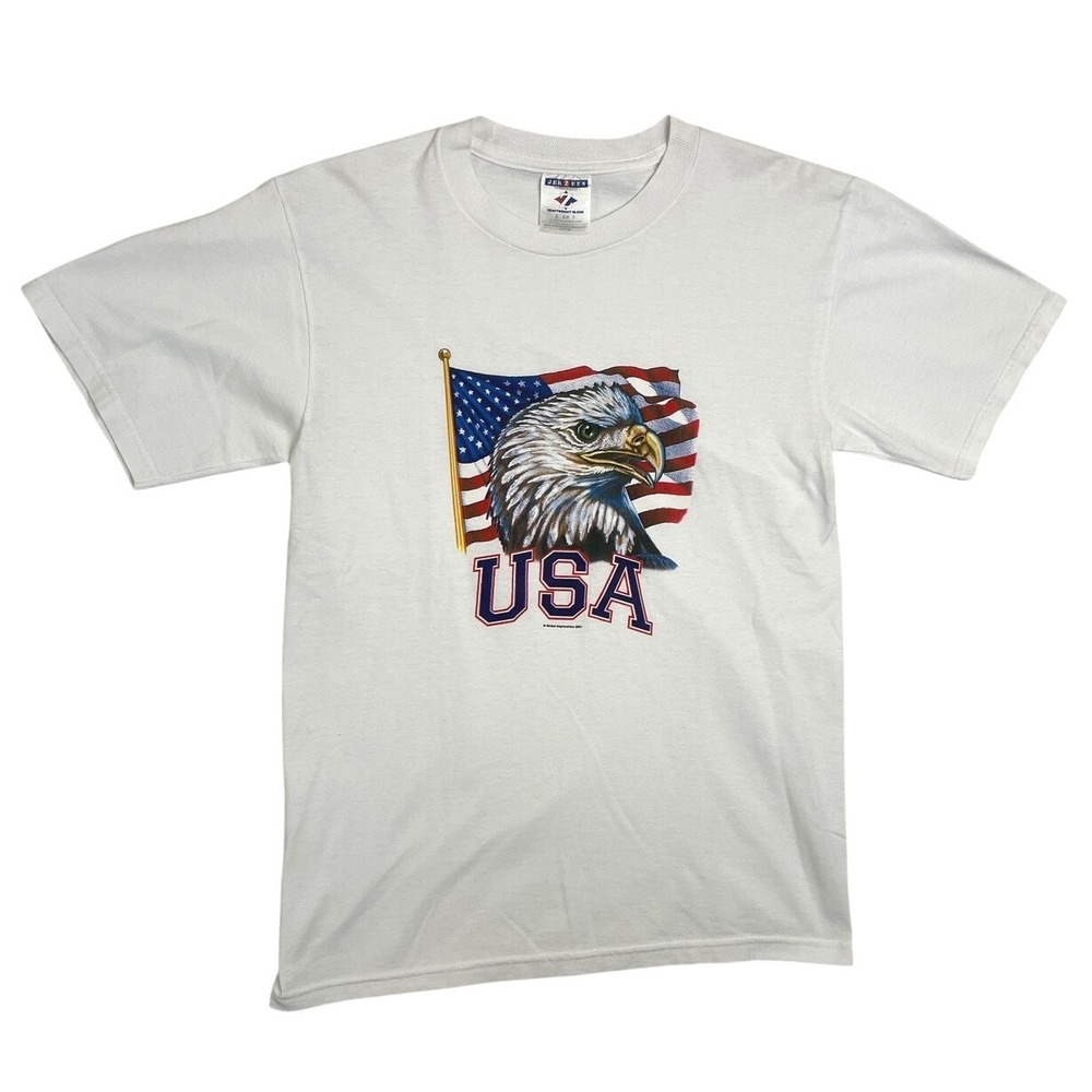 Vintage 2001 Jerzees USA Eagle American Flag Graphic T-Shirt White Mens Small